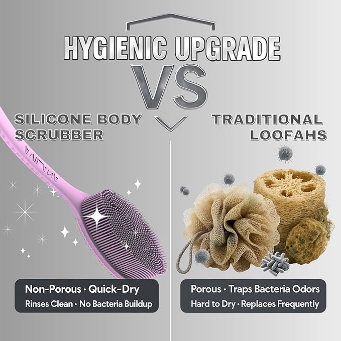 Avilana Silicone Body Scrubber – Gentle Shower Brush & Loofah Alternative- Food Grade & Lab Tested – Fast-Drying, Hygienic, BPA-Free Silicone Body Gentle Exfoliator (Pink, Long Handle)