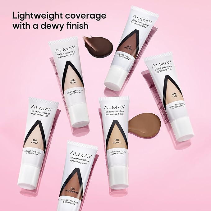 Almay Hydrating Liquid Foundation Tint, Lightweight with Light Coverage, Naturally Dewy Finish, Hypoallergenic, Dermatologist TestedFragrance Free, 140 Tan, 0.94 fl oz.