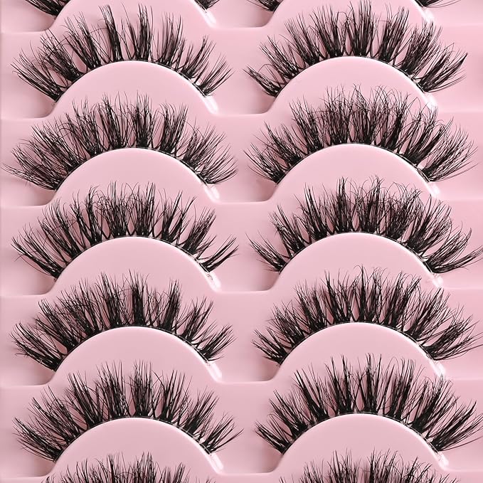 FARRED Cat Eye Lashes False Eyelashes Short Wispy Lash Strips Volume Eyelash 14 Pairs Cateye Medium Length False Clear Band Lashes Natural Looking Hybrid Clusters Full Strip Lashes (F29 | 7-14mm)