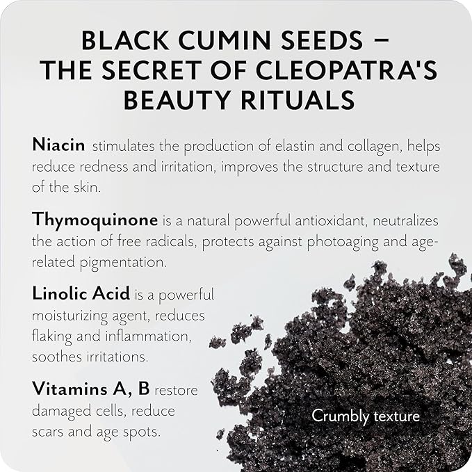 Exfoliating Balancing Body Scrub with Black Cumin Oil - Sea Salt Formula for Smooth & Radiant Skin - Home Spa Care, Gift for Women Men, Vegan, Organic 10.58 Oz