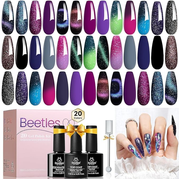 Beetles Cat Eye Gel Polish Set - 24Pcs 20 Colors Glitter Dark Color Changing Gel Nail Polish Kit with Base Gel Glossy Matte Top Coat Soak off UV DIY Nail Art Salon Ombre Black Nails Gift
