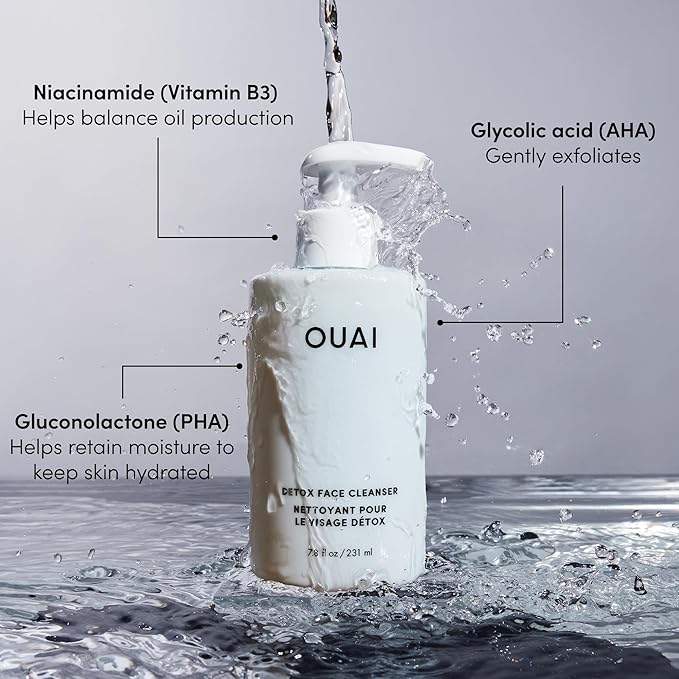 OUAI Detox Facial Cleanser - Deep Cleansing Face Wash with Glycolic Acid, Niacinamide & PHA - Removes Sweat, Dirt & Oil Without Drying - Gentle Face Cleanser for Post-Workout (7.8 Fl Oz)