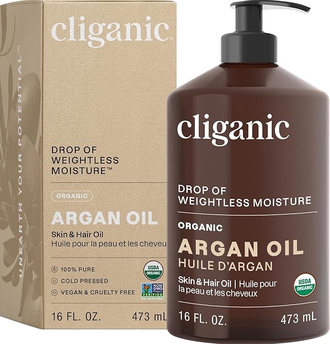 Cliganic Organic Argan Oil 16oz with Pump, 100% Pure | Bulk for Hair, Face & Skin (Packaging May Vary)