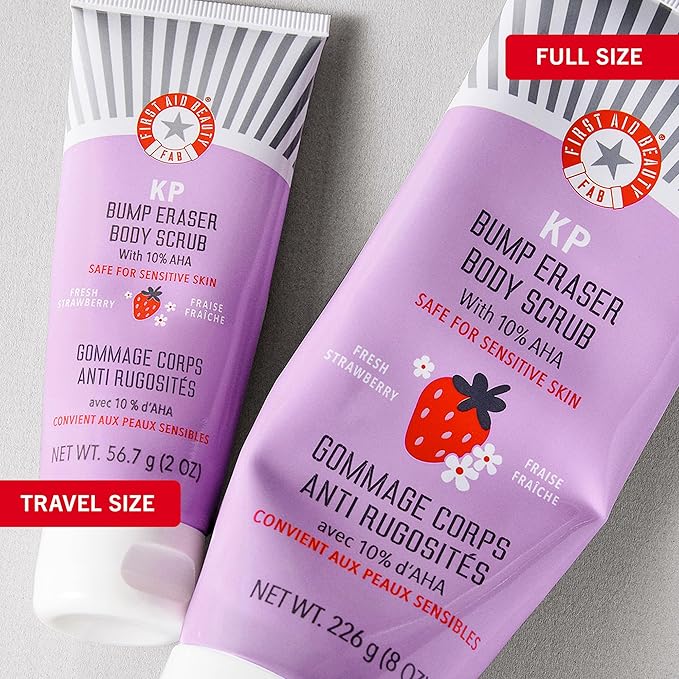 First Aid Beauty - KP Bump Eraser Body Scrub with 10% AHA, Keratosis Pilaris Exfoliator with Glycolic and Lactic acids, Helps Reduce Chicken Skin Bumps, Safe for Sensitive Skin, Strawberry Scent, 2 oz