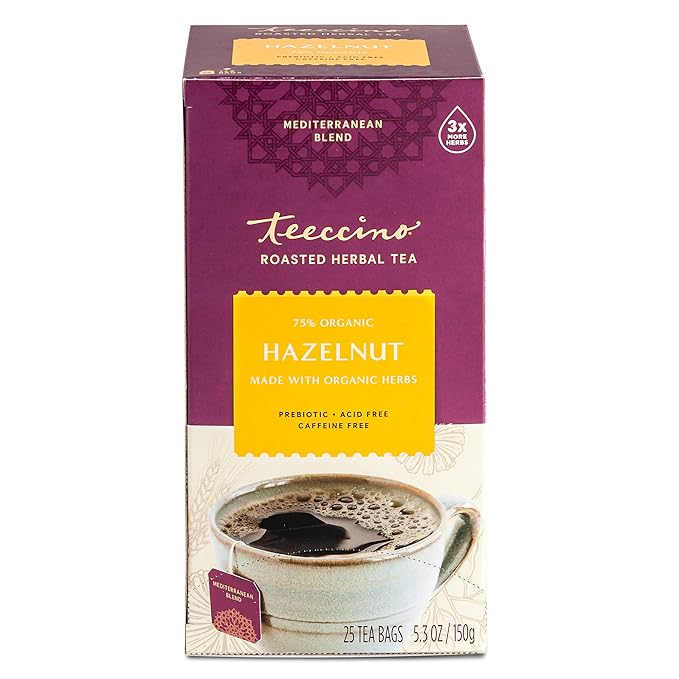 Teeccino Hazelnut Herbal Tea - Rich & Roasted Herbal Tea That’s Caffeine Free & Prebiotic for Natural Energy, 25 Tea Bags (Pack of 3)