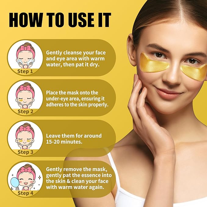 Eye Mask Under Eye Patches (20 Pairs) 24K Golden Under Eye Masks Hyaluronic Acid Eye Patches for Dark Circles and Puffiness, Reduce Wrinkles and Fine Lines Under Eye Area - Gold