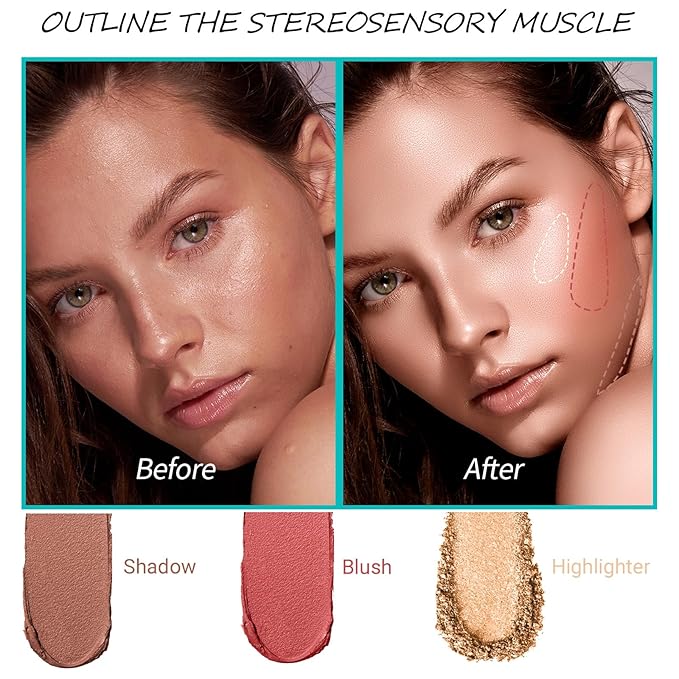 3Pcs Cream Contour Stick, with Highlighter Stick Milk Bronzer Stick Blush Stick, Face Contour Stick with Makeup Brush and Sponge, Easy to Sculpt the Face, Long Lasting, Waterproof