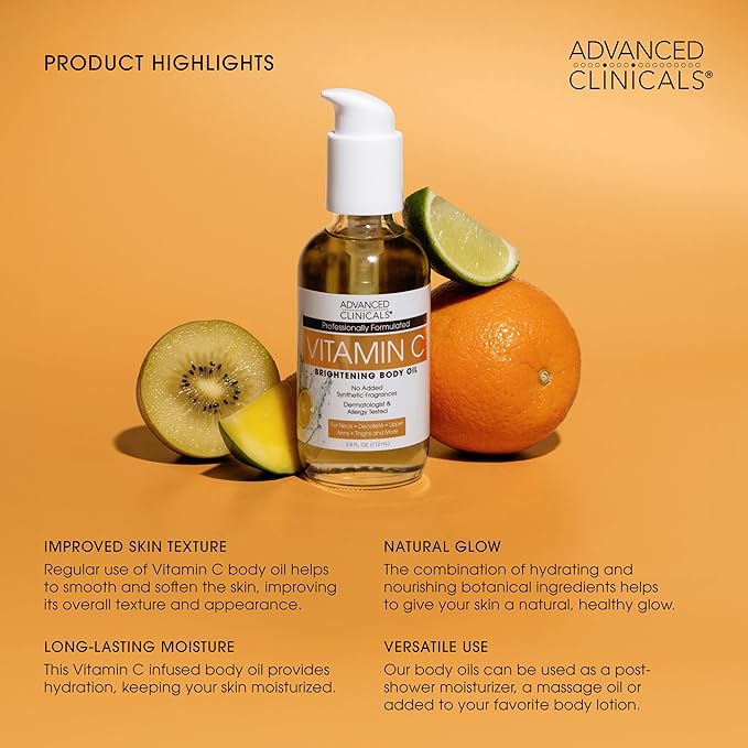 Advanced Clinicals Brightening Vitamin C Cream Moisturizer + Vitamin C Body Oil 2pc Skincare Set | Nourishing, Brightening, & Hydrating Body Oil & Body Lotion To Improve Appearance Of Dark Spots, 2pc