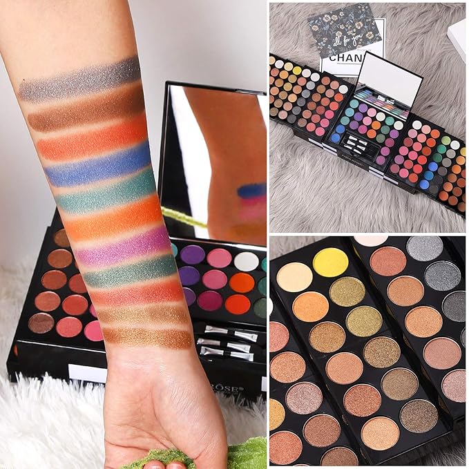 All In One Makeup Kit 142 Ultimate Colors Matte Shimmer Eyeshadow Palette Colorful Gifts For Women 3 blush 3 Sponge Brushs 3 Eyebrow Powder Professional Cosmetics Fashion Women Makeup Case Full Make U