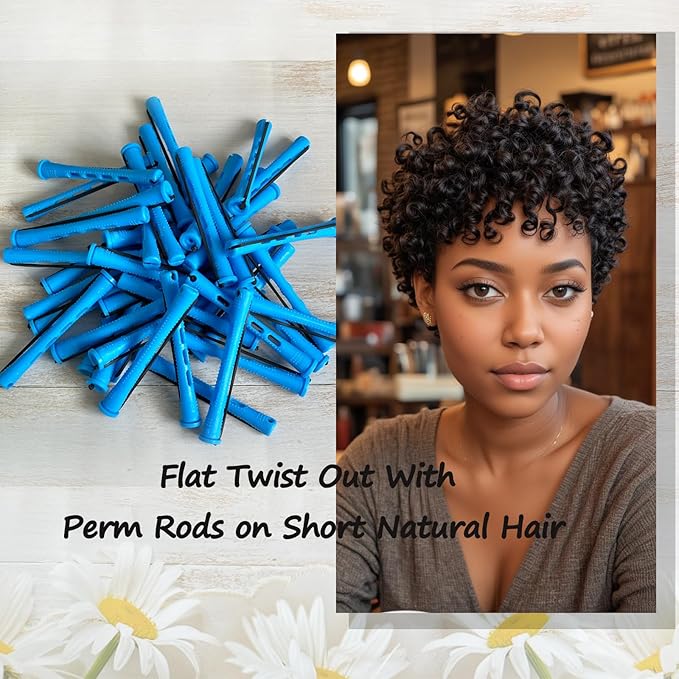 40pcs Perm Rods Set for Natural Hair Blue Plastic Cold Wave Rods Hair Curling Rollers with Steel Pintail Comb Rat Tail DIY Hairdressing Tools（40pcs Blue）