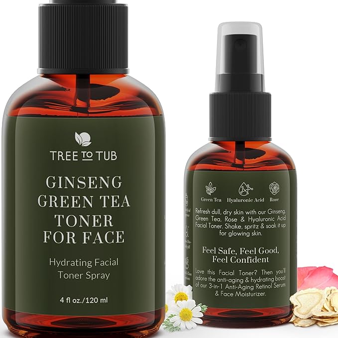 Deep Calming Toner Spray for Sensitive Skin by Tree To Tub—pH 5.5 Balanced, Face Priming and Hydrating with Hyaluronic Acid, Organic Witch Hazel, Rose Water, Ginseng, Green Tea, 4 oz