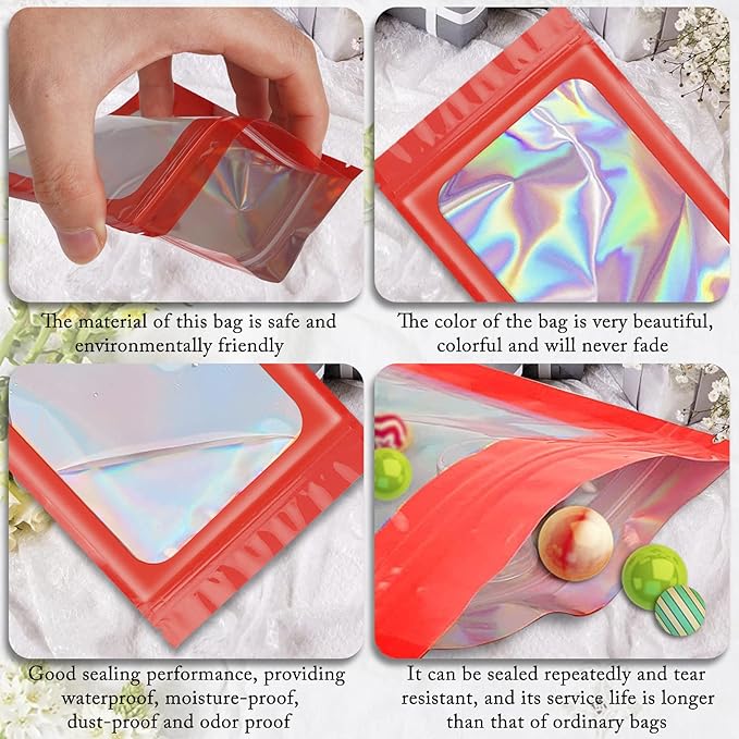 100 Pieces Smell Proof Mylar Resealable Bags, Holographic Packaging Bags, Resealable Odor Foil Pouch Zip Bag with Clear Window for Food Storage and Lipgloss, Jewelry Lash (Red, 3.5 x 6.3 Inch)