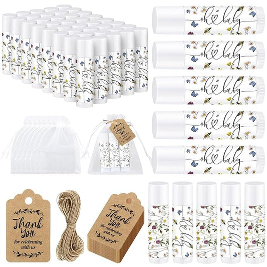 Demissle 50 Pcs Baby Shower Lip Balm Gift Set with 100 Pcs Organza Bags Baby Shower Party Favor for Guest Thank You Tag Rope Baby Shower Party Decoration Gender Reveal Souvenirs(Purple Flower)