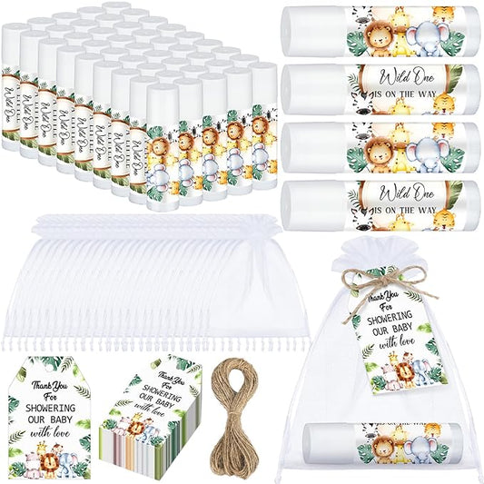 Dunzy 50 Pack Baby Shower Party Gifts Favors Bulk Lip Balms for Guests Boys Girls Games Neutral Gender Reveal Favors Baby Shower Prizes Souvenirs Bags Stuffer(Jungle Animal)