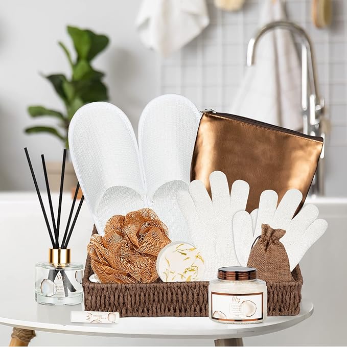 Bath and Body Gift Basket Set for Women - Coconut Vanilla Spa Gift Basket for Women 17-Piece Luxury Bath Gift Set with Shower Gel Self Care Pampering Gifts for Mothers Day, Christmas, Birthday Gifts