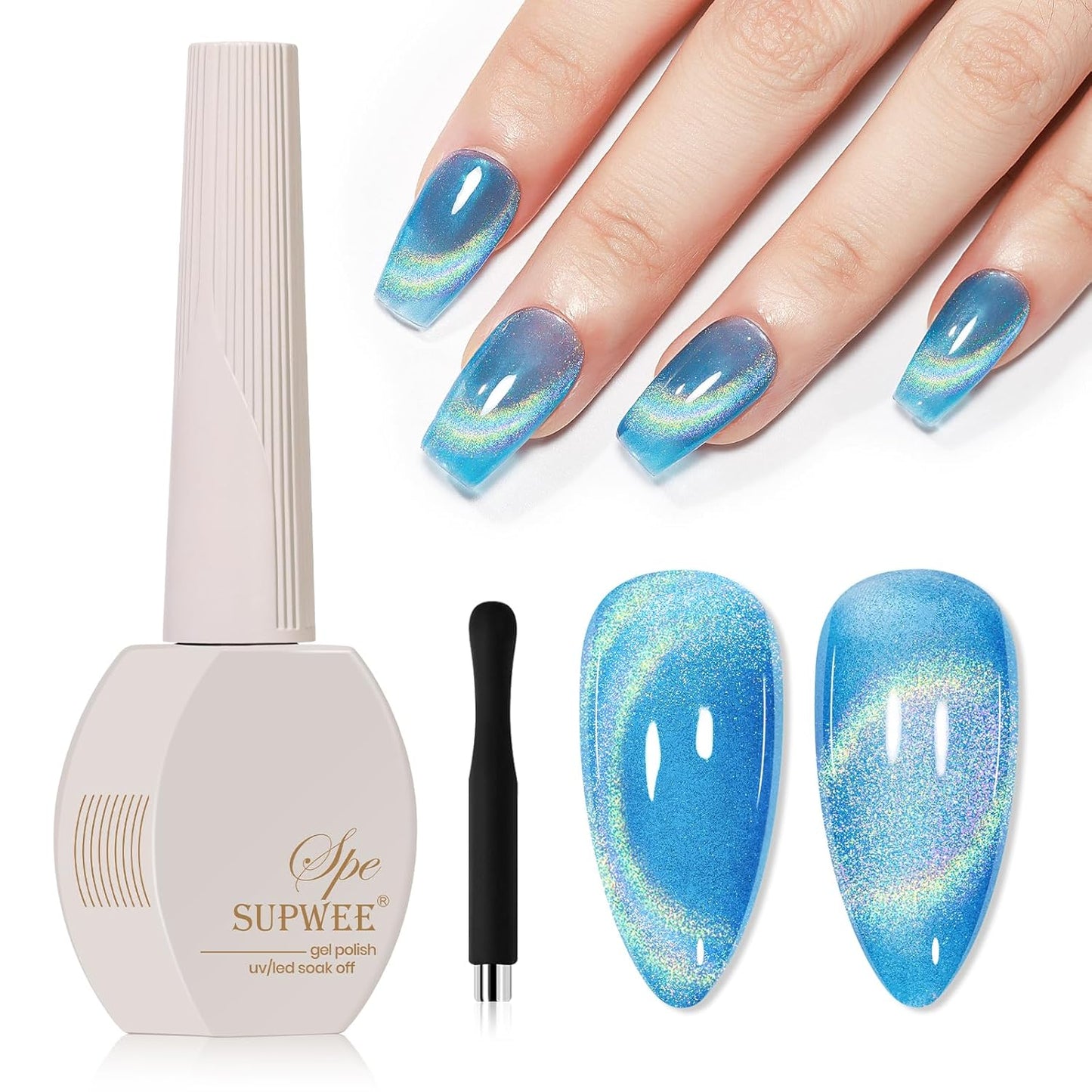 Blue Holographic Gel Nail Polish with Magnetic Rainbow Cat Eye Gel Nail Polish Cateye Glitter Nails Polishes Gels Iridescent Effect for Home DIY Women Girls