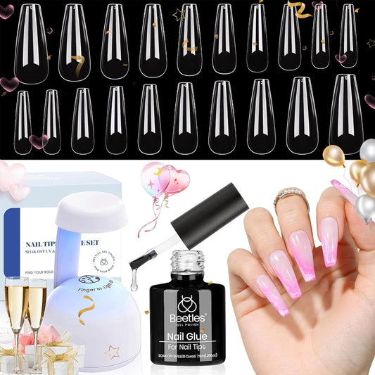 Beetles Gel Nail Kit Easy Nail Extension Set with 500Pcs Nail Tips Coffin Shape 5 In 1 Nail Glue Base Gel and Innovative Led Lamp Easy Diy Nails Art Home Gelly Tips