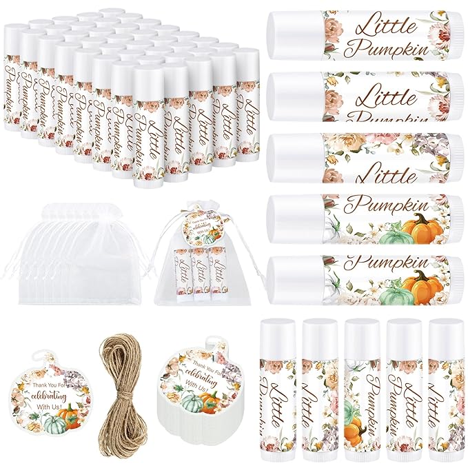 Demissle 50 Pcs Baby Shower Lip Balm Gift Set with 100 Pcs Organza Bags Baby Shower Party Favor for Guest Thank You Tag Rope Baby Shower Party Decoration Gender Reveal Souvenirs (Pumpkin and Flowers)
