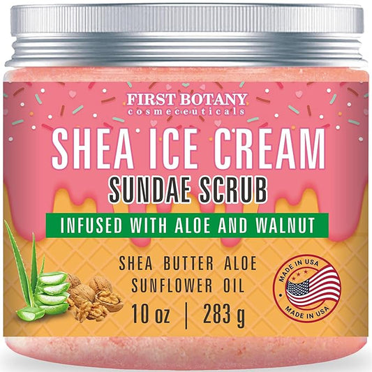 First Botany Body Scrub - Natural Exfoliating Salt Scrub & Body and Face Souffle helps with Moisturizing Skin, Acne, Cellulite, Dead Skin Scars, Wrinkles (10 fl oz, Shea Icecream)