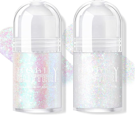2 Colors Roll-on Body Glitter Gel, Holographic Glitter Gel Under Light for Face Hair, Body Shimmer for Rave Accessories Christmas New Year Halloween Makeup (11+13)