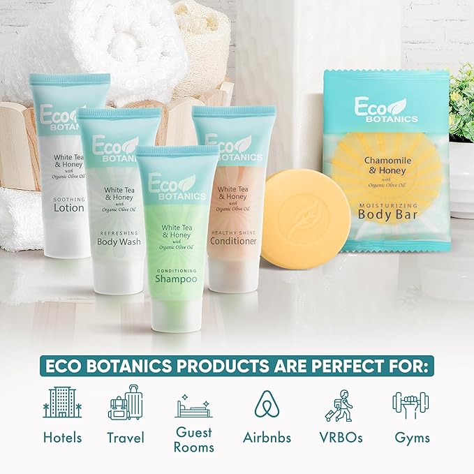 Eco Botanics Hotel Soaps & Toiletries Bulk Set | 0.85oz Hotel Shampoo & Conditioner, Body Wash, Body Lotion & Bar Soap Travel Size | Half Pallet, 36 cases with 300 units each - 10,800 pieces