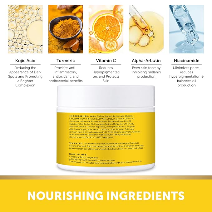 VALITIC Turmeric Kojic Acid Cleansing Pads - Exfoliating Dark Spot Remover for Face with Vitamin C, Alpha Arbutin, Niacinamide and Retinol - Kojic Acid And Turmeric Cleansing Pads - 60 Units