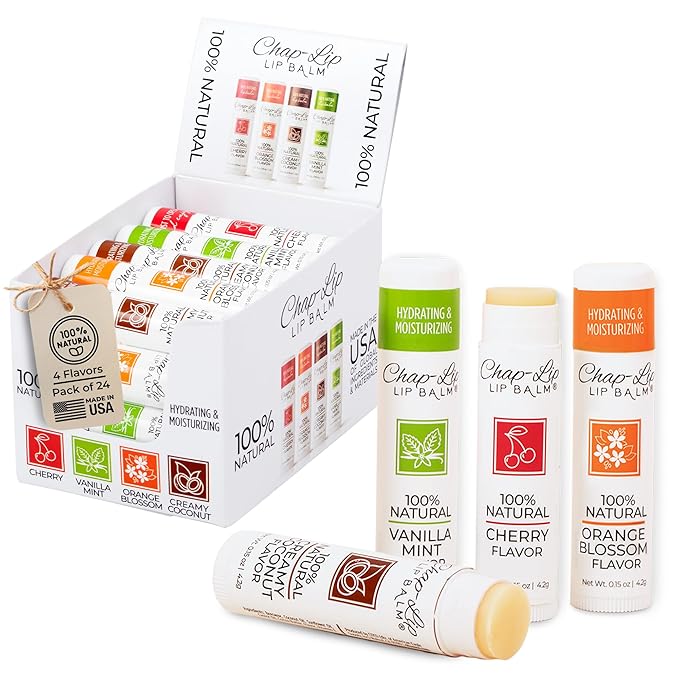 100% Natural Lip Balm Set - Hydrating and Moisturizing Beeswax Natural 4 Flavor Assortment - Lip Moisturizer for Dry Lips - Cocoa Butter - Petroleum Free Pack of 24