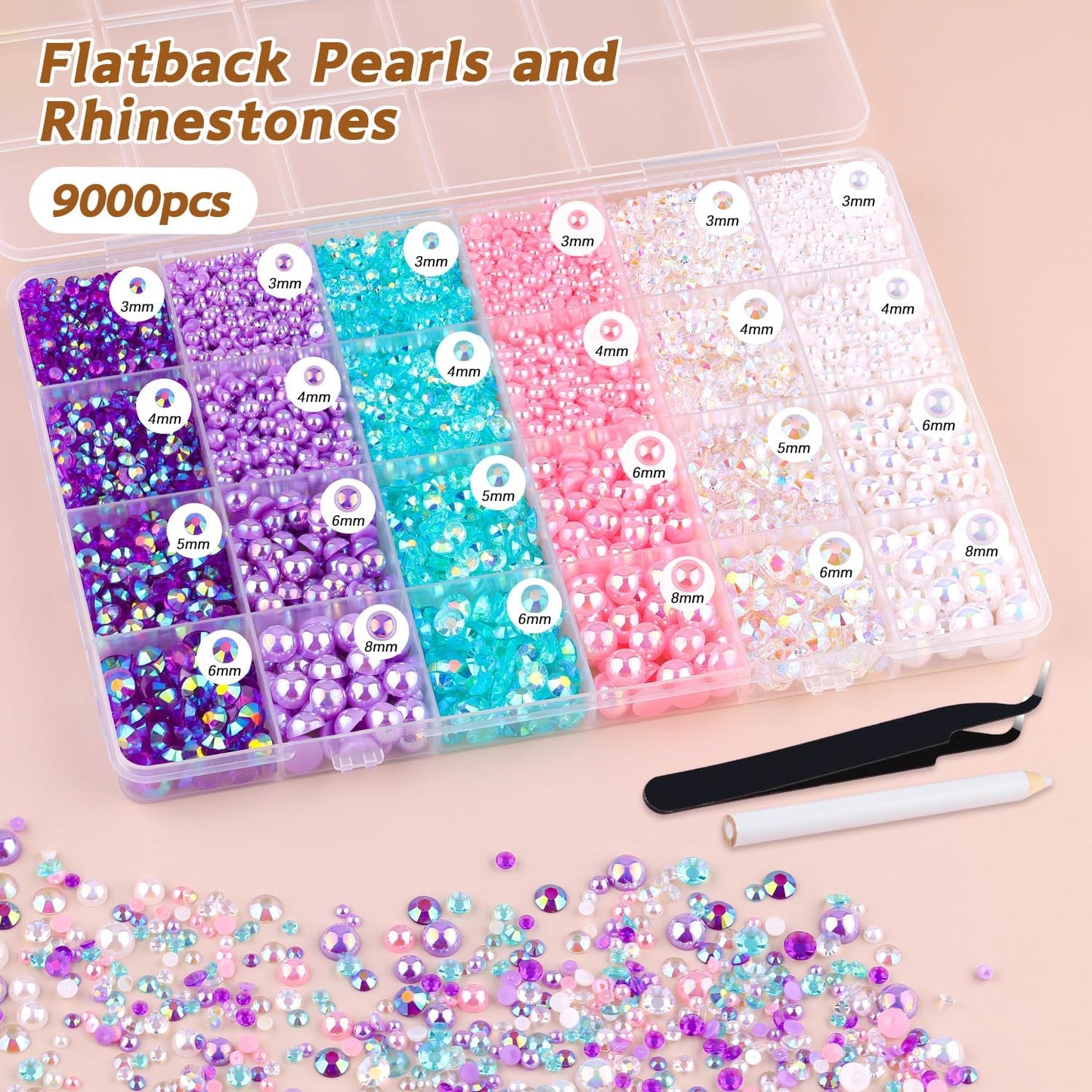 9000PCS Flatback Pearls and Rhinestones for Crafting, Pink Purple Mixed Size 3-10mm Resin Rhinestones and Half Pearls for Bedazzling, Nail Art and Decoration with Tweezer and Pickup Pencil