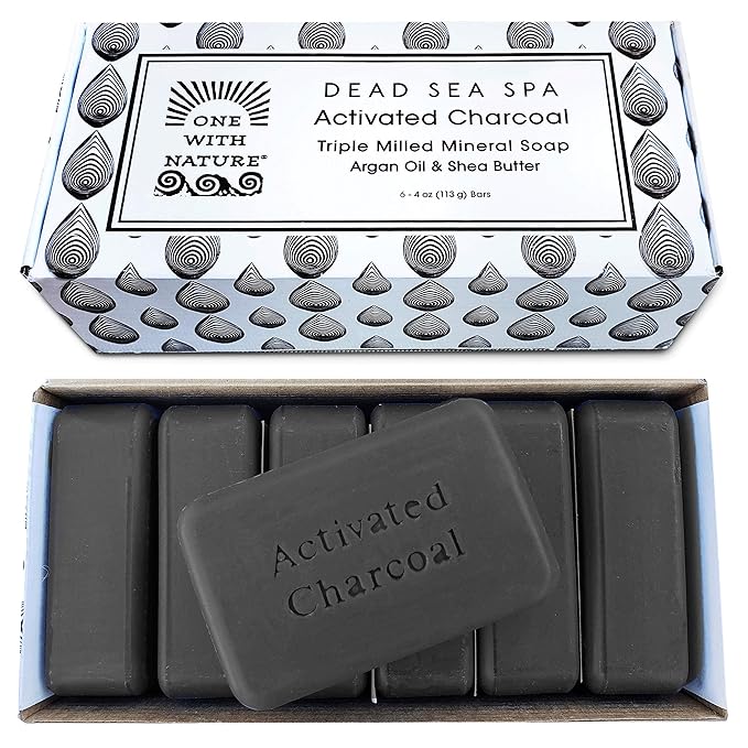 One With Nature Activated Charcoal Soap 4oz 6-Pack Gift Box – Detoxifying and Exfoliating Charcoal Soap Bar with Dead Sea Salt for Face & Body, for Men & Women