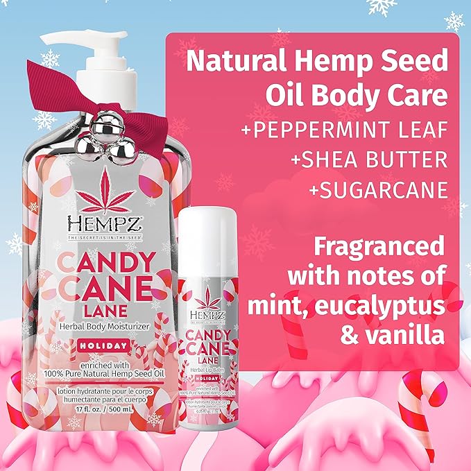 Hempz Holiday Gift Set, Candy Cane Lane Moisturizer (17 Oz) & Lip Balm (.44 Oz) – Holiday Moisturizing Lip Balm & Hydrating Lotion Skin Care Gift Set for Women & Men for Combatting Dry Lips & Skin