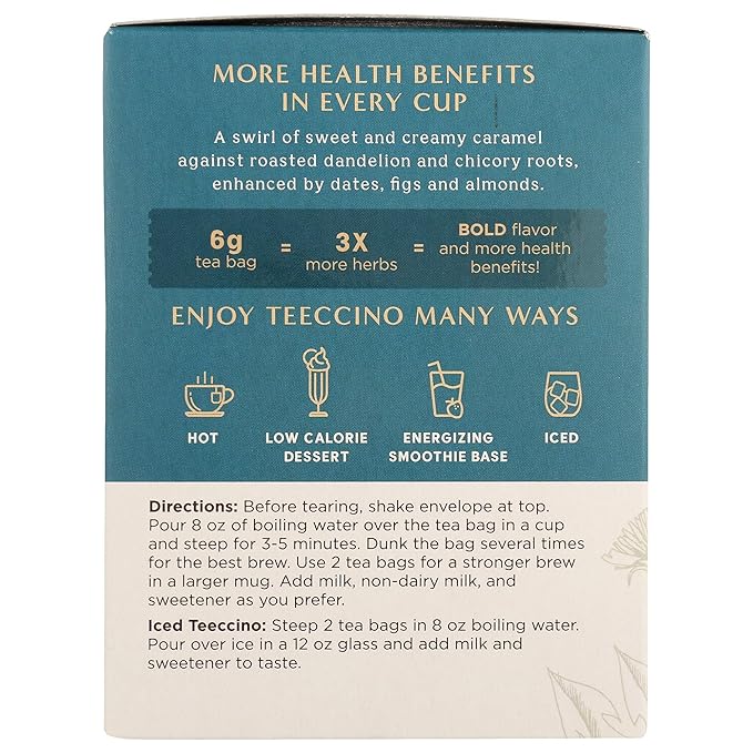 Teeccino Dandelion Caramel Nut Tea - Caffeine Free, Roasted Herbal Tea with Prebiotics, 3x More Herbs than Regular Tea Bags, Gluten Free - 10 Tea Bags (Pack of 4)