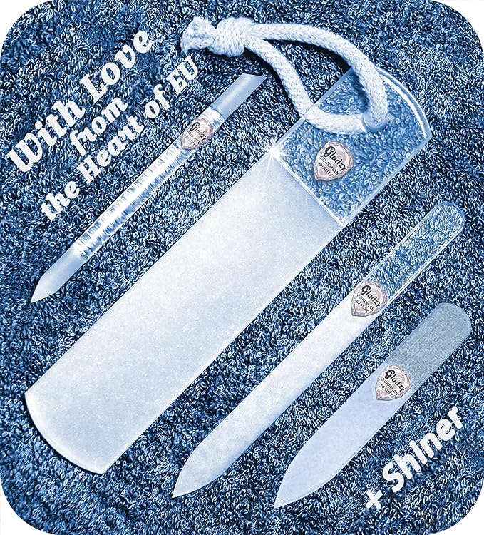 GLADZY Czech Glass Nail File Set - Multifunctional Nail Shiner Buffer, Callus Remover Foot Rasp, Glass Cuticle Pusher Manicure Stick, Etched Surface, Professional Nail Care Tool, Made in EU