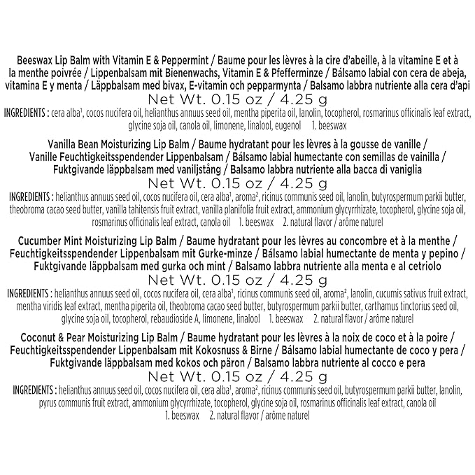 Burt's Bees Lip Balm Mothers Day Gifts for Mom - Balm Bouquet Set, Original Beeswax, Vanilla Bean, Cucumber Mint, Coconut & Pear Pack, Natural Origin Lip Treatment With Beeswax, 4 Tubes, 0.15 oz.