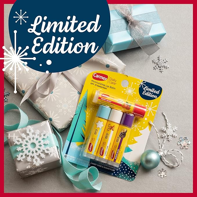 Carmex Daily Care Moisturizing Lip Balm Limited Edition Holiday Stick Pack in Sugar Plum, Candy Cane, Sugar Cookie and Merry Berry - 0.15 OZ each, 4 count (Pack of 2)