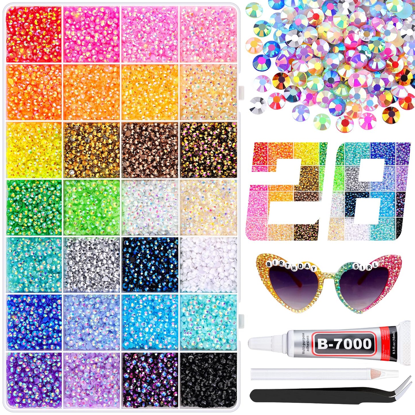 30000Pcs Resin Rhinestones with B7000 Jewelry Glue for Crafting, Multicolors 3mm Non Hotfix Flatback Gems, Bedazzling Crystal for DIY Crafts Clothing Tumblers Mugs Shoes Fabric Decor Nail Art