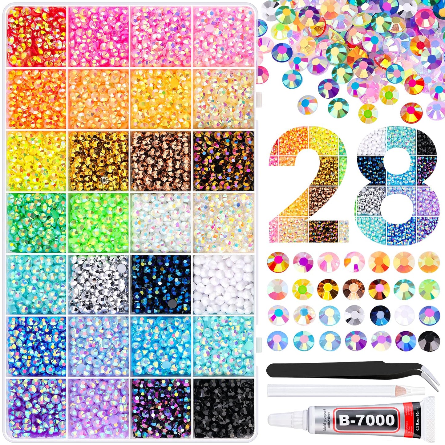 8500Pcs Resin Rhinestones with Tweezers for Crafting, Mixed-Color 5mm Bedazzling Crystal with 1Pcs 10ml B7000 Jewelry Glue for DIY Crafts Clothing Tumblers Shoes Fabric Nail Art