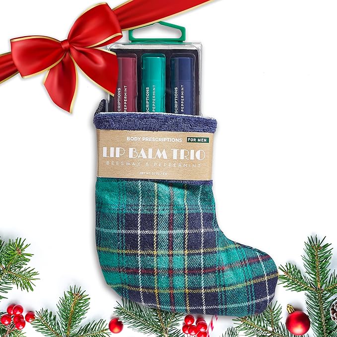 Body Prescriptions Lip Balm Trio for Men - Beeswax and Peppermint | Christmas Stocking Present Set | Nourishing and Moisturizing Formula | Protect and Hydrate Dry Lips | Great Holiday Present for Him