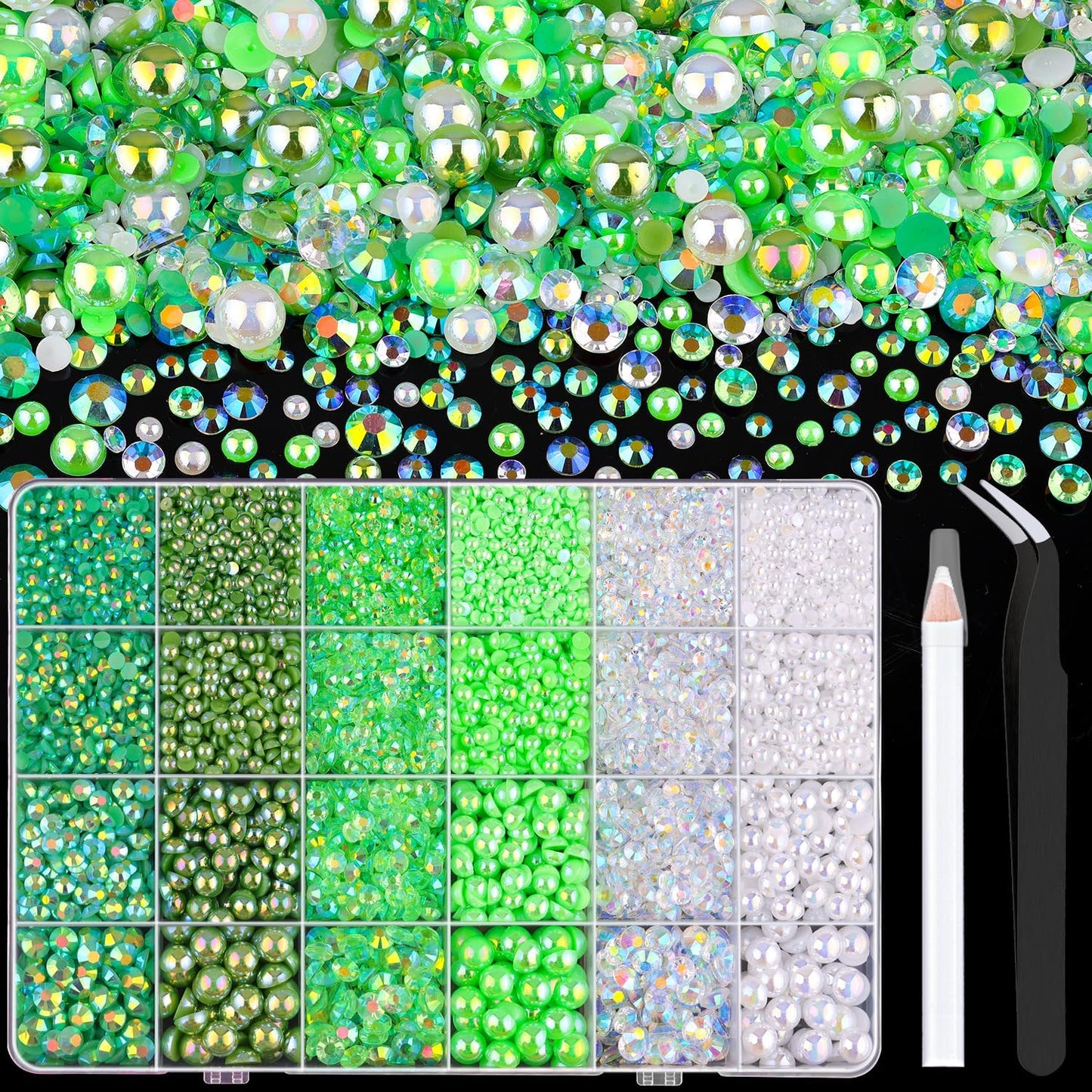 9000PCS Flatback Pearls and Rhinestones for Crafting, Green Mixed Size 3-10mm Resin Rhinestones and Half Pearls for Bedazzling, Nail Art and Decoration with Tweezer and Pickup Pencil