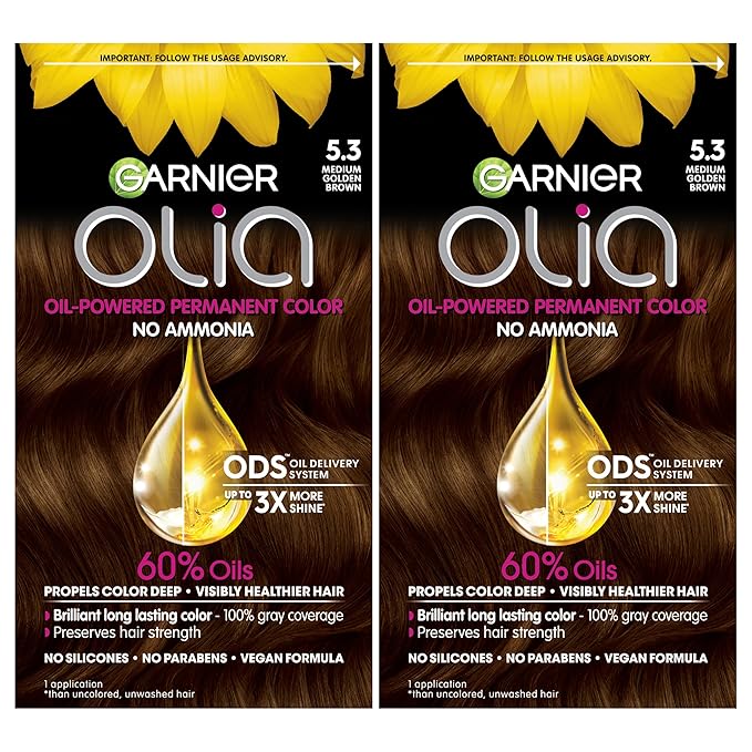 Garnier Hair Color Olia Ammonia-Free Brilliant Color Oil-Rich Permanent Hair Dye, 5.3 Medium Golden Brown, 2 Count (Packaging May Vary)