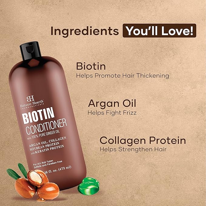 Botanic Hearth Biotin Conditioner With Ginger Oil & Keratin | For Hair Growth |With Turmeric Extract, Argan Oil, Tea Tree Oil & Vitamin E | Sulphate & Paraben Free | 16 Fl Oz