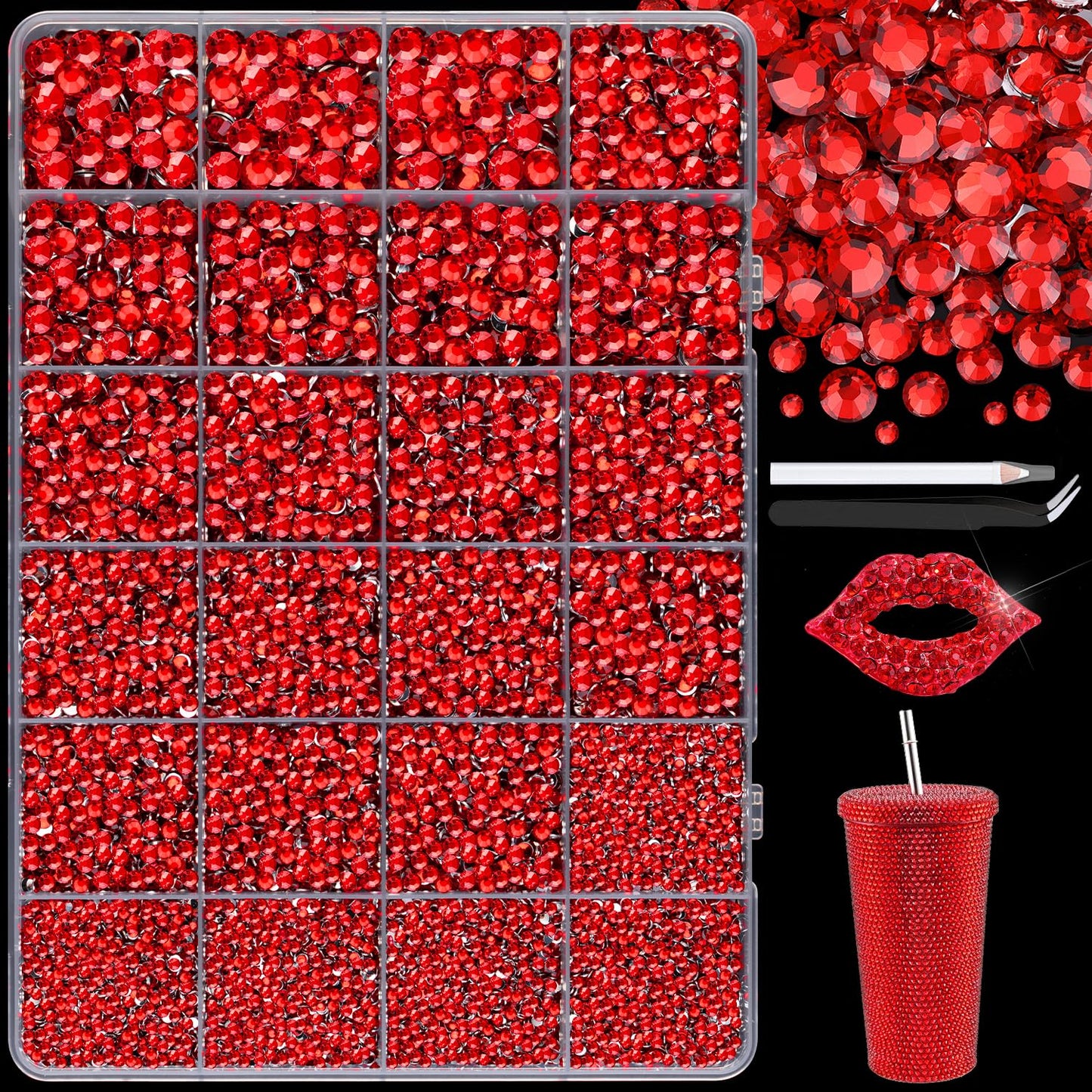 25000Pcs Resin Rhinestones with Tweezers for Crafting, 2-6mm Mixed Sizes (Red) Non Hotfix Flatback Gems, Bedazzling Crystal for DIY Crafts Clothing Tumblers Mugs Shoes Decor Nail Art