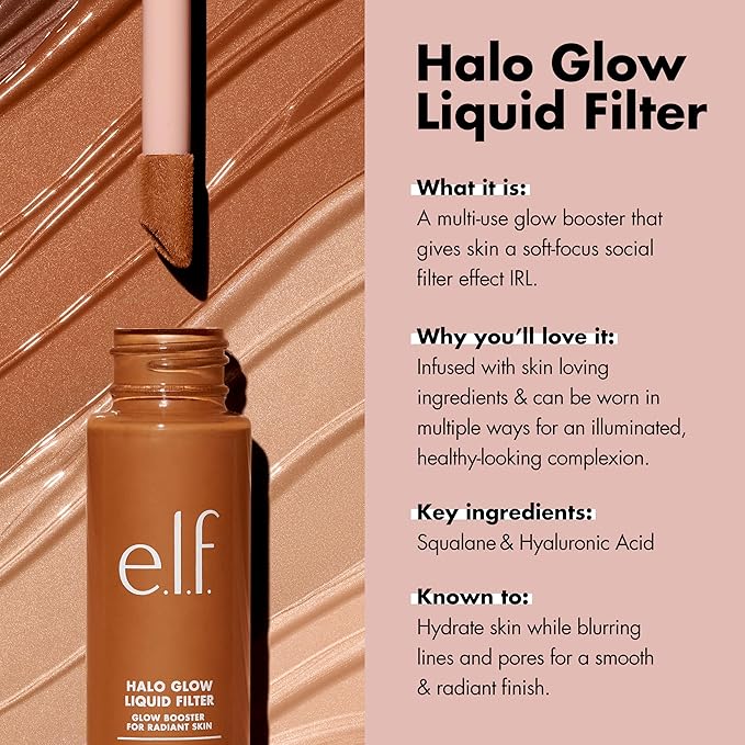 e.l.f. Halo Glow Liquid Filter, Complexion Booster For A Glowing, Soft-Focus Look, Infused With Hyaluronic Acid, Vegan & Cruelty-Free, 8 Rich