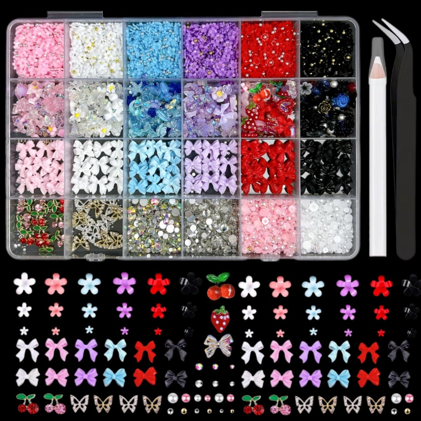 3D Flowers Nail Charms Y2K Kit, Metal Butterfly Cherry Colorful Bow Charms for Nails Art Gems, White and Pink Bows Pearls Charms for Nail Manicure DIY Crafts Jewelry Accessories