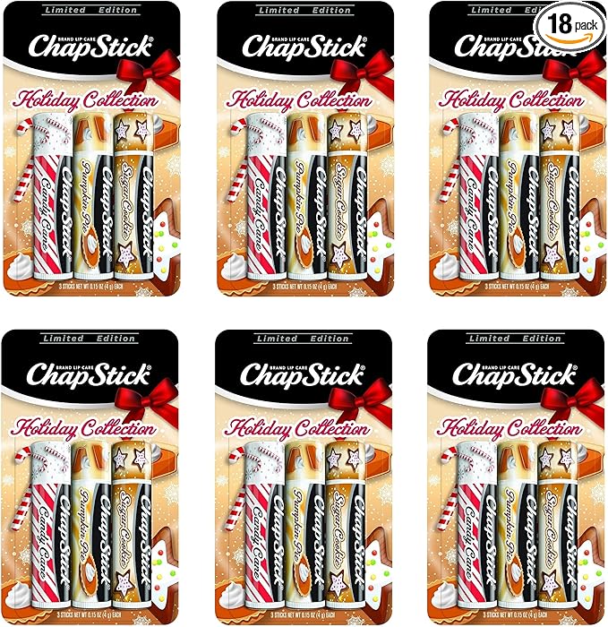 ChapStick Holiday Collection - Candy Cane, Pumpkin Pie & Sugar Cookie Flavors - Blister Pack of 3 Sticks 0.15 Each - Pack of 6 = 18 Sticks, Great Holiday Gift 3 Count (Pack of 6)