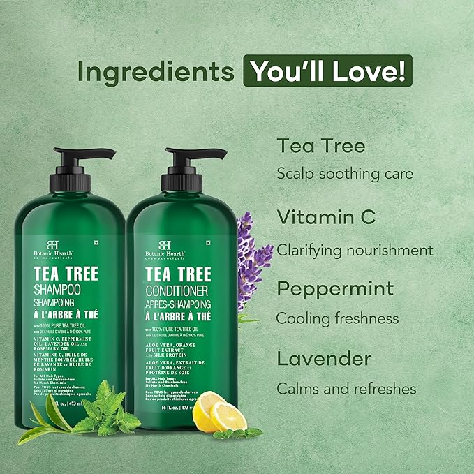 Botanic Hearth Tea Tree Shampoo And Conditioner Set | With 100% Pure Tea Tree Oil, For Itchy And Dry Scalp, Sulfate/Paraben Free | For Men And Women | 16 Fl Oz Each