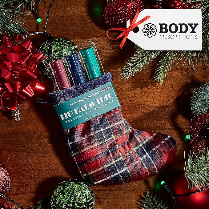 Body Prescriptions Lip Balm Trio for Men - Beeswax and Peppermint | Christmas Stocking Present Set | Nourishing and Moisturizing Formula | Protect and Hydrate Dry Lips | Great Holiday Present for Him