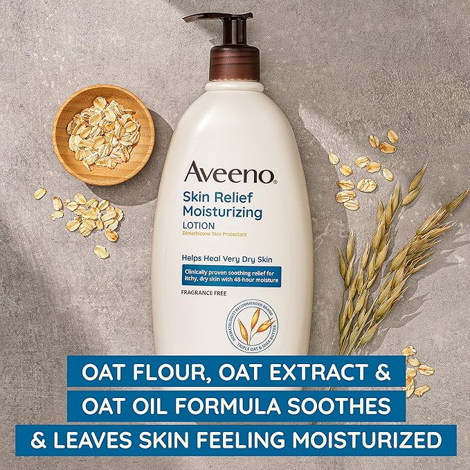 Aveeno Skin Relief Fragrance-Free Moisturizing Lotion for Sensitive Skin, with Natural Shea Butter & Triple Oat Complex, Unscented Therapeutic Body Lotion for Itchy, Extra-Dry Skin, 18 fl. oz