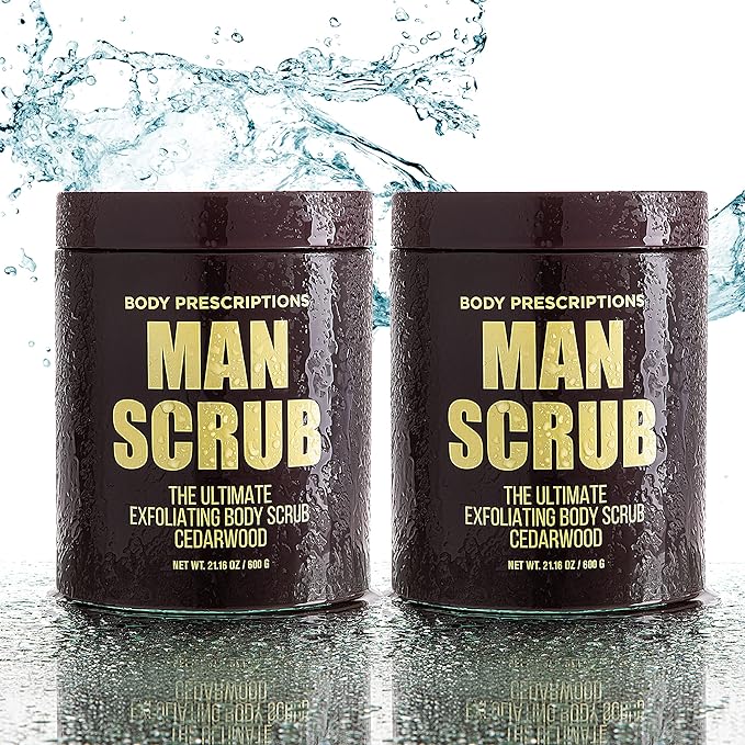 Body Prescriptions Men’s Exfoliating Body Scrub – Ultimate Skin Cleansing Wash in Jar with Twist-Top Lid, For All Skin Types, 21 Ounce (Pack of 4), Cedarwood